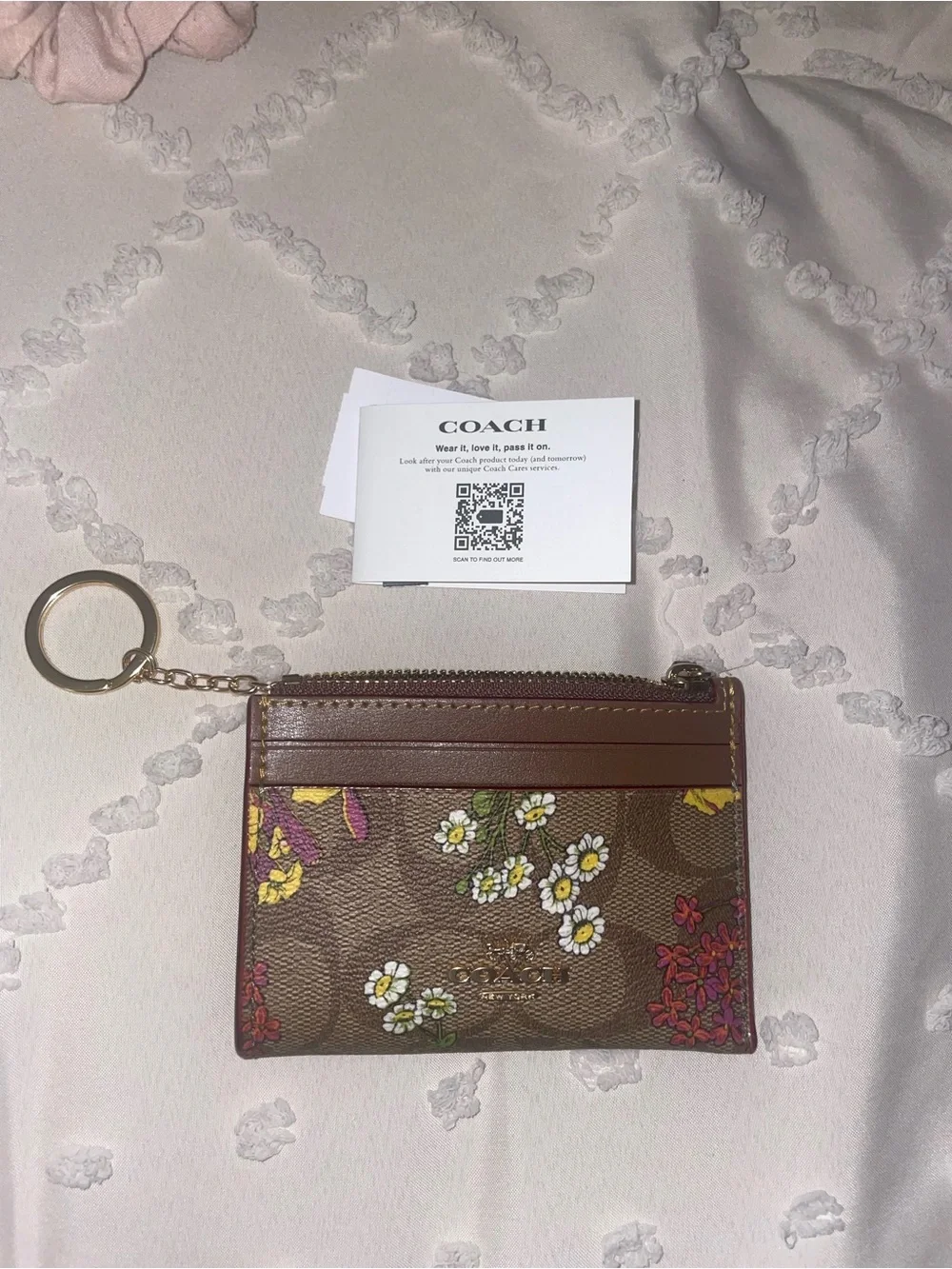Coach Brown Floral Signature Zip Card Case Keyring